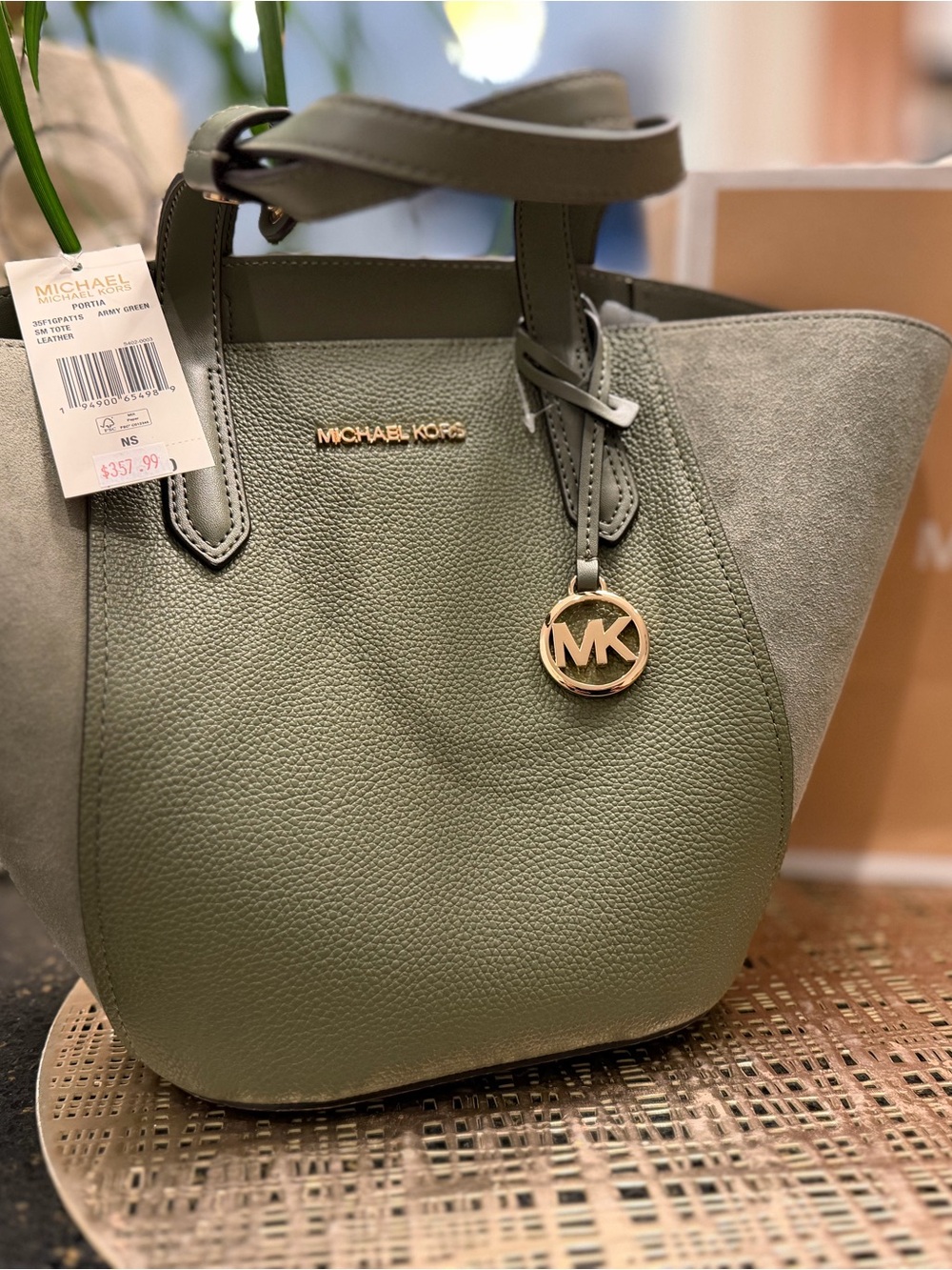 Michael Kors Portia Army Green Leather & Suede Tote with Gold MK Charm